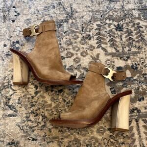 Tory Burch Suede Buckle Peep Toe Block Heels 7.5